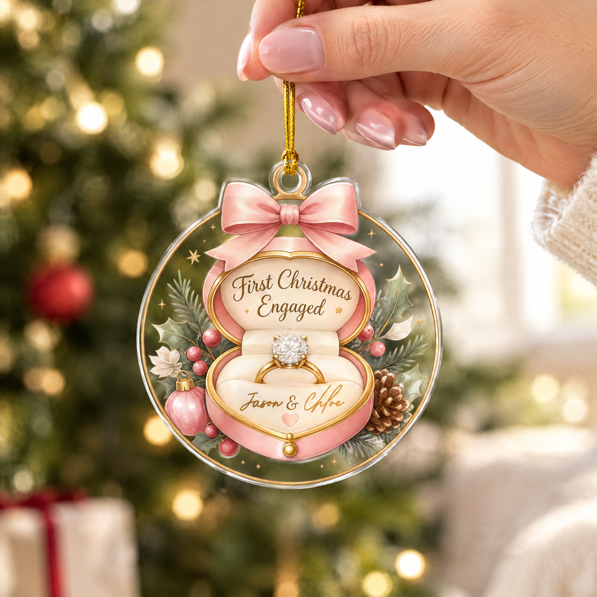 Personalized First Christmas Engaged Ring Box Acrylic Ornament, view 6