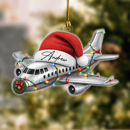 Personalized Airplane Santa Hat Name Acrylic Ornament