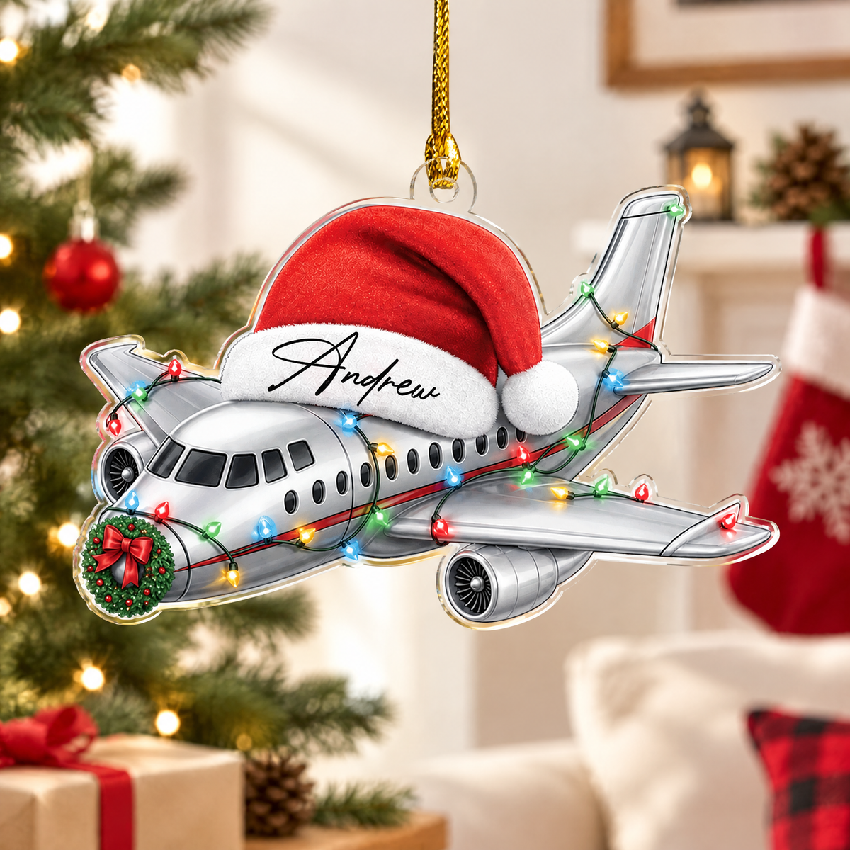 Personalized Airplane Santa Hat Name Acrylic Ornament, view 3