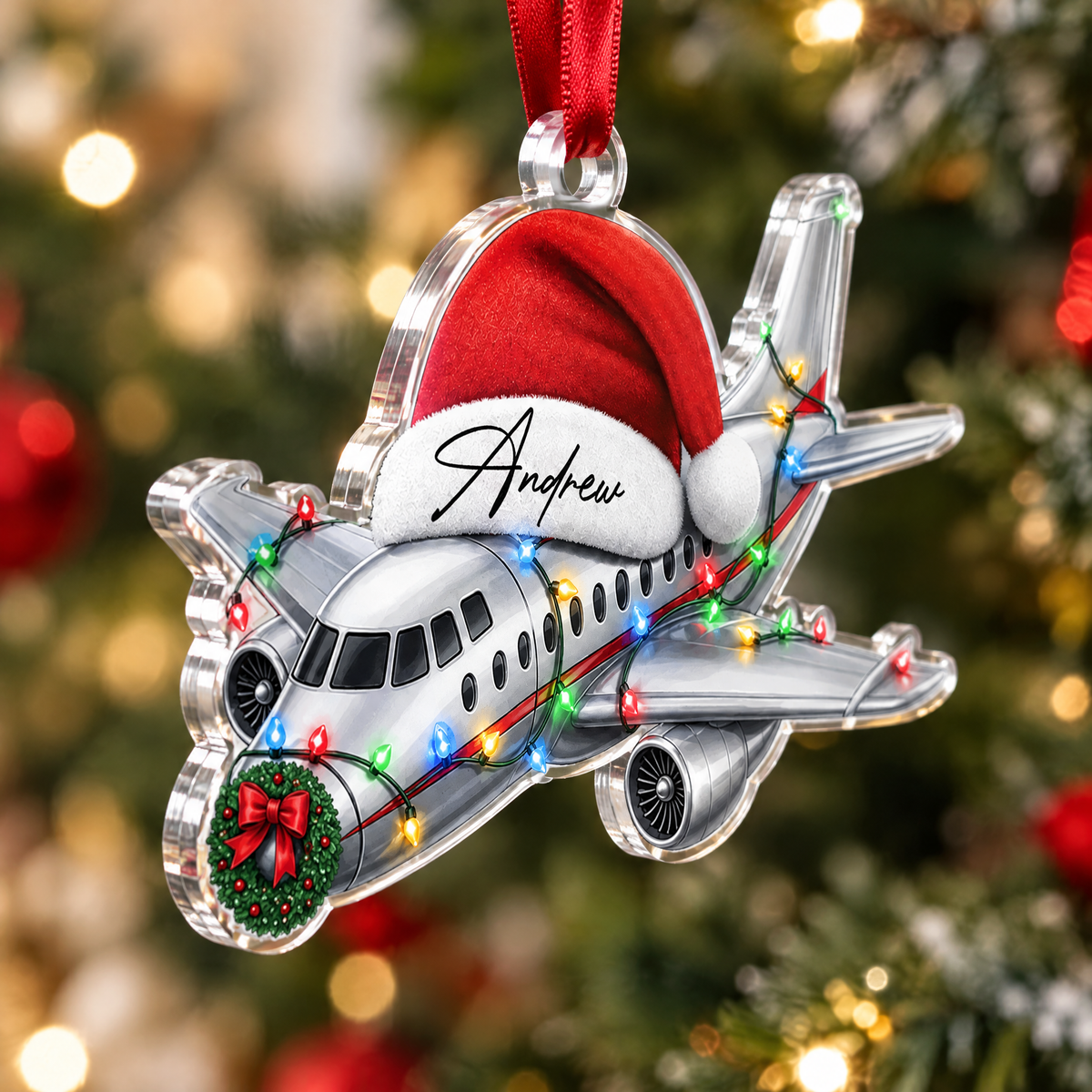 Personalized Airplane Santa Hat Name Acrylic Ornament, view 4