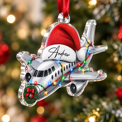 Personalized Airplane Santa Hat Name Acrylic Ornament, view 4