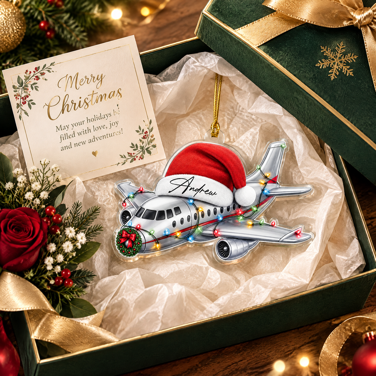 Personalized Airplane Santa Hat Name Acrylic Ornament, view 5
