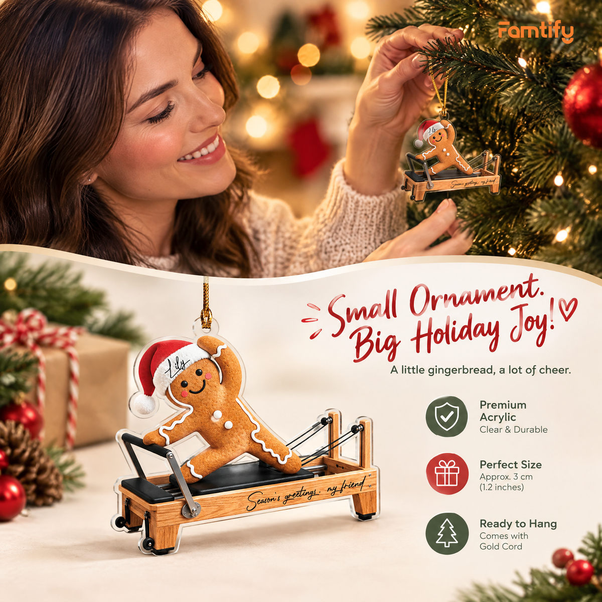 Personalized Gingerbread Pilates Reformer Acrylic Ornament, view 2