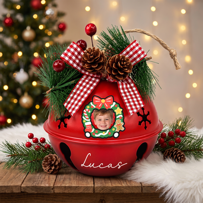 Personalized wreath frame kid photo jingle bell ornament in a cozy Christmas setting