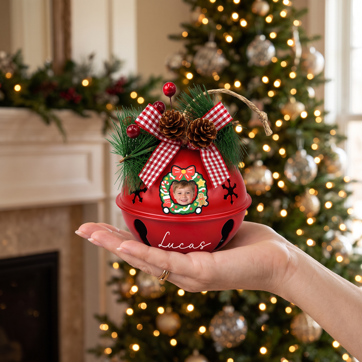 Custom wreath frame kid jingle bell ornament with name for holiday decor