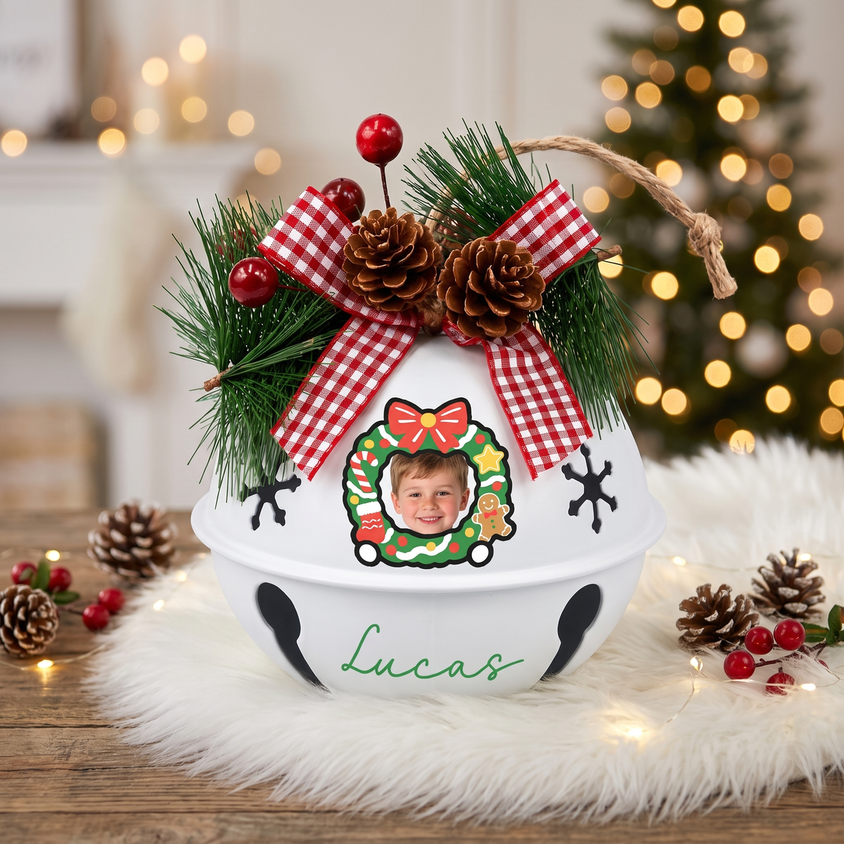 Personalized kid photo jingle bell ornament as a Christmas keepsake gift