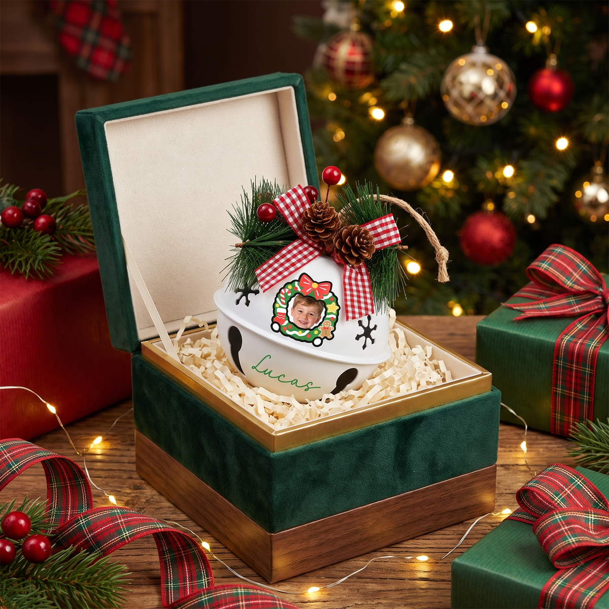 Custom photo wreath frame jingle bell ornament for the Christmas tree