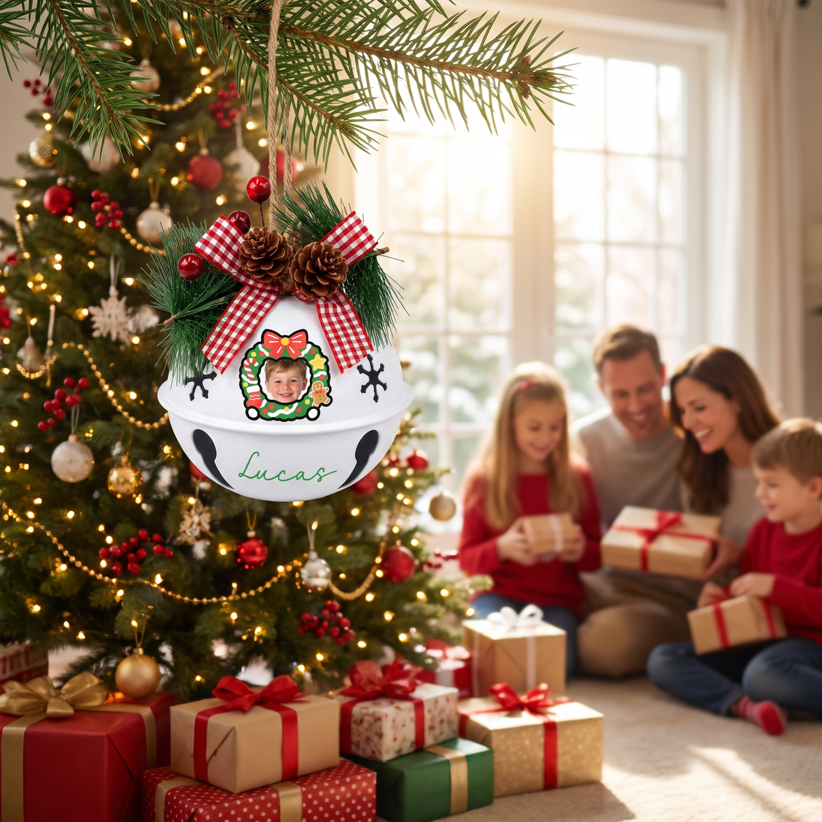 Personalized wreath frame kid jingle bell ornament for family Christmas memories