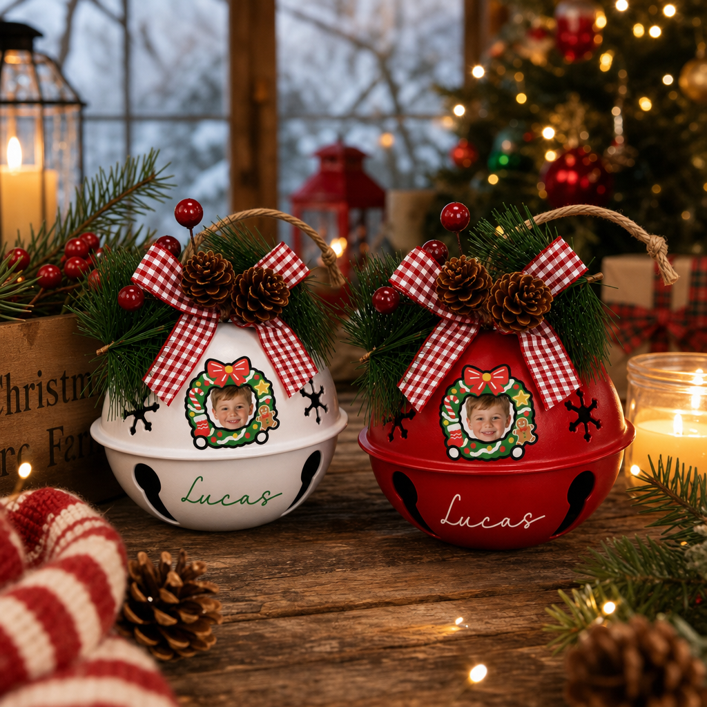 Personalized kid photo jingle bell ornaments, bell color options