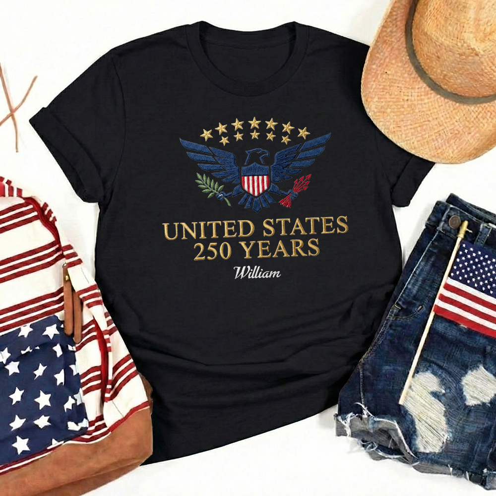 Custom Embroidered USA 250 Years T-Shirt – Semiquincentennial Patriotic Tee