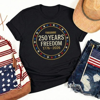 Custom Freedom 250 Years Embroidered T-Shirt - Circular Badge Patriotic USA Gift 1776–2026