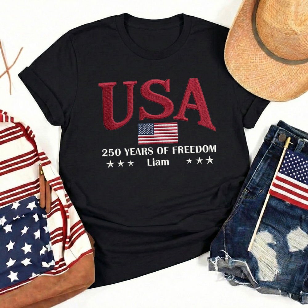USA 250th Anniversary Embroidered T-Shirt - Celebrate Freedom Patriotic Gift