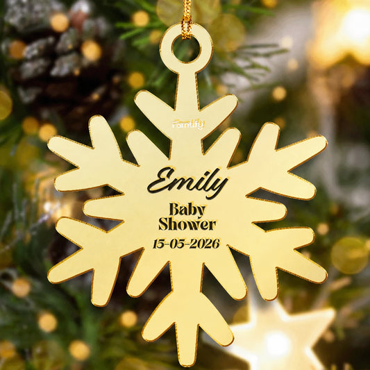Gold mirrored snowflake ornament engraved with a baby name, Baby Shower and a 2026 date