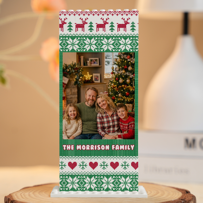 Personalized Fair Isle Sweater Knit Christmas family photo building block frame on a wooden display stand