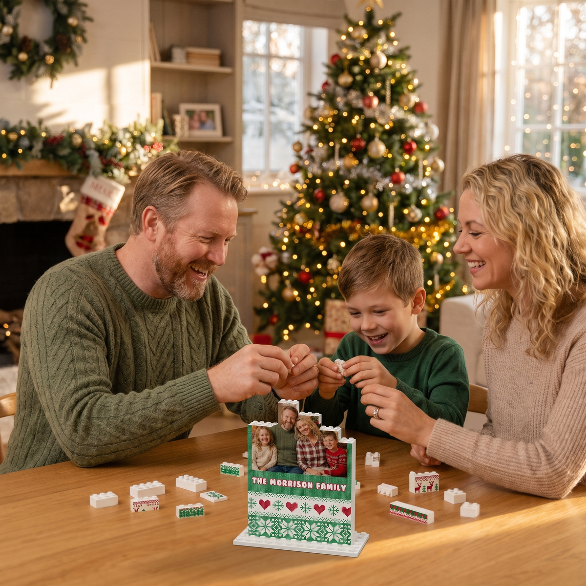 Family assembling the Fair Isle Sweater Knit photo building block frame together by the Christmas tree