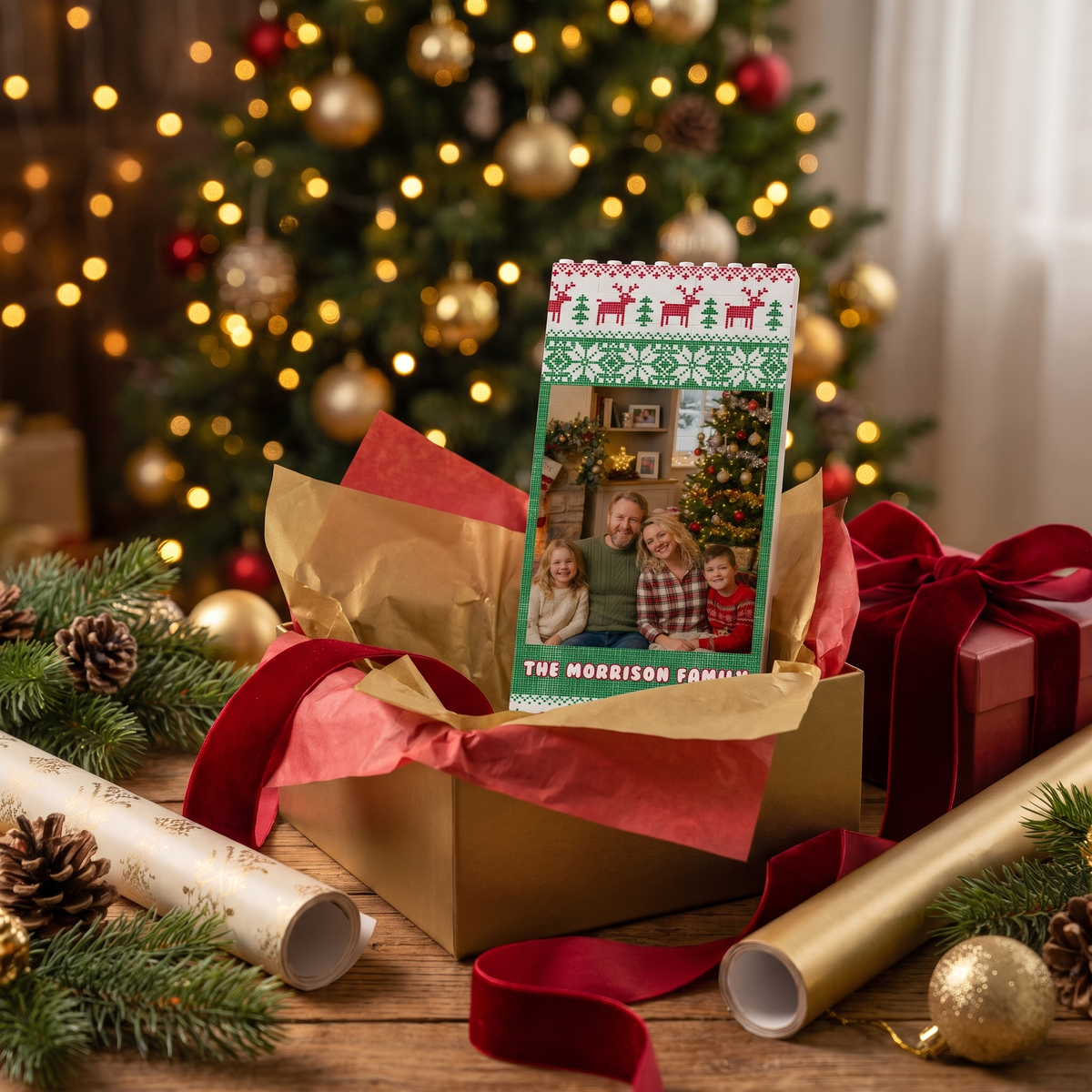 Fair Isle Sweater Knit family photo building block frame in a Christmas gift box
