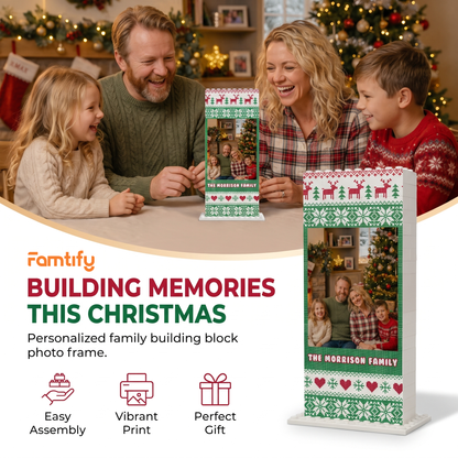 Famtify holiday banner with a family and the Fair Isle Sweater Knit photo building block frame