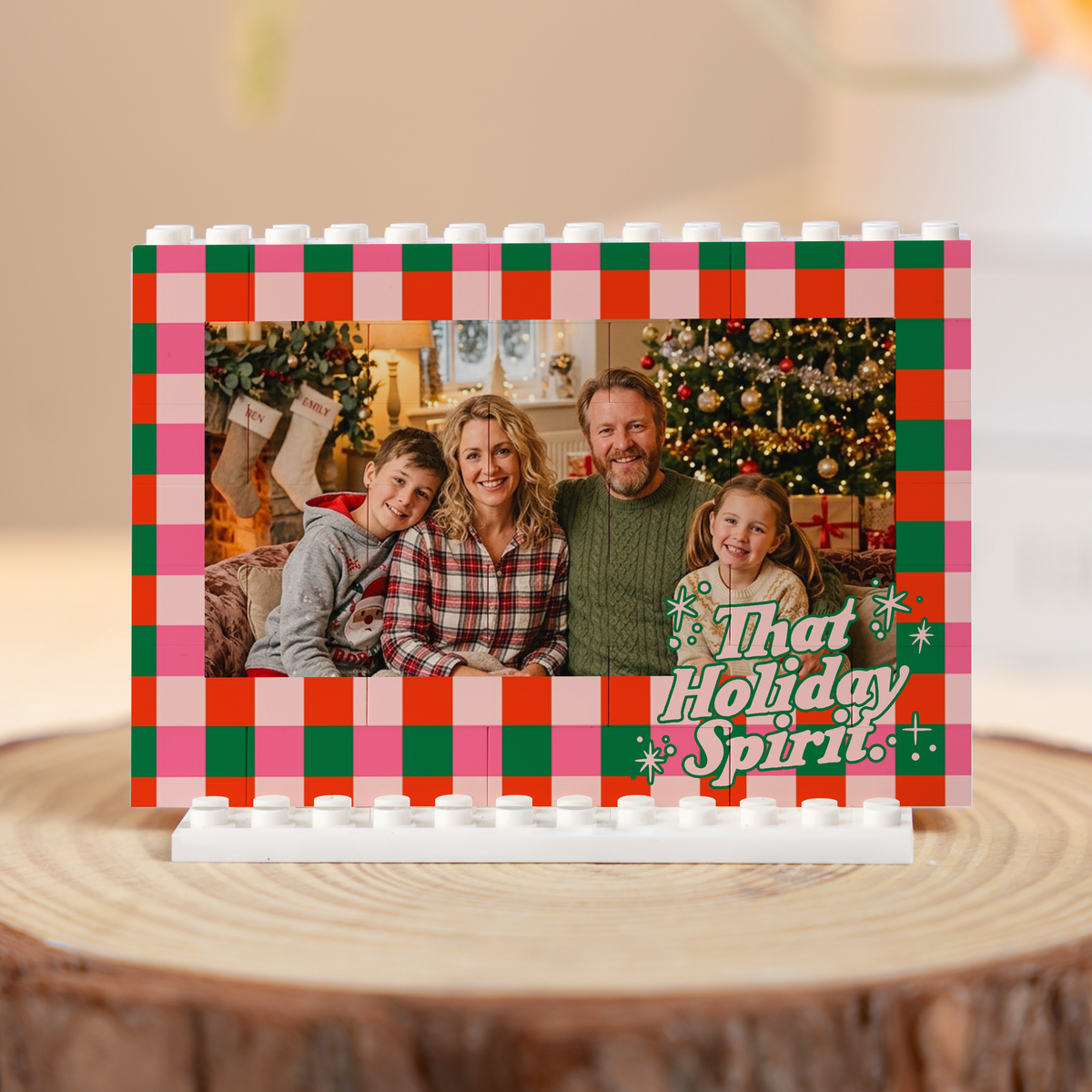 Personalized That Holiday Spirit Checkered Christmas family photo building block frame on a wooden display stand