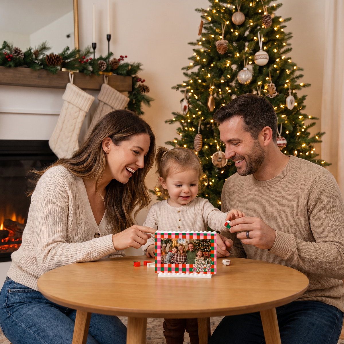 Family assembling the That Holiday Spirit Checkered photo building block frame together by the Christmas tree