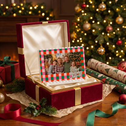 That Holiday Spirit Checkered family photo building block frame in a Christmas gift box