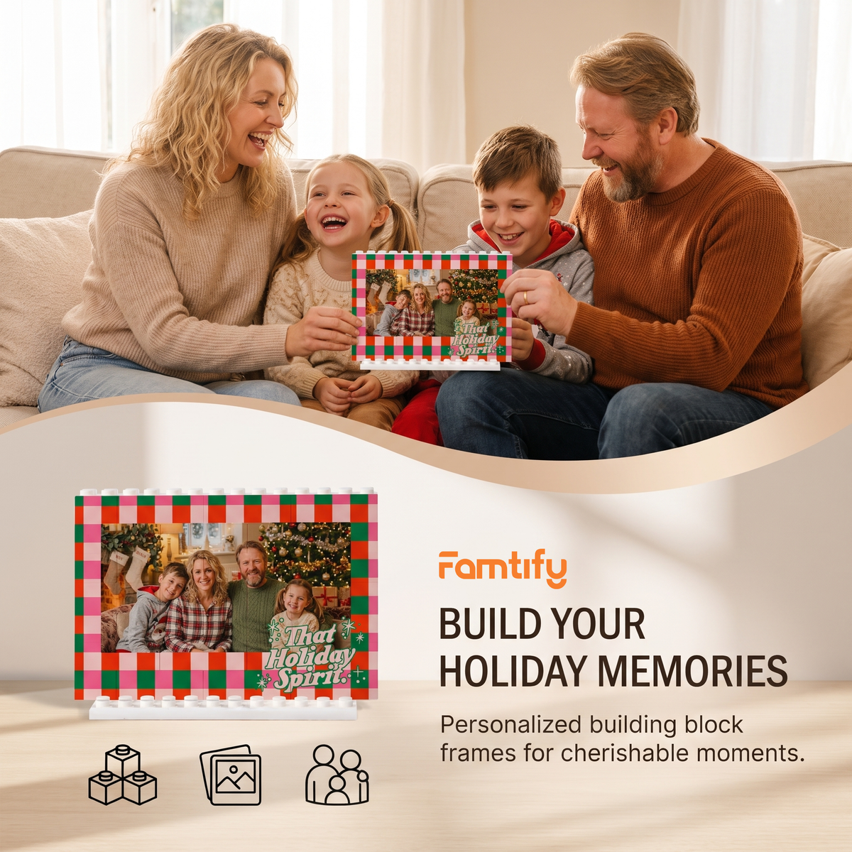 Famtify holiday banner with a family and the That Holiday Spirit Checkered photo building block frame
