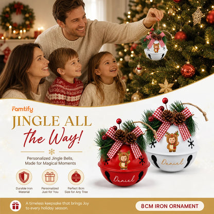 Personalized baby reindeer jingle bell ornament color options, durable iron, 8 cm ornament