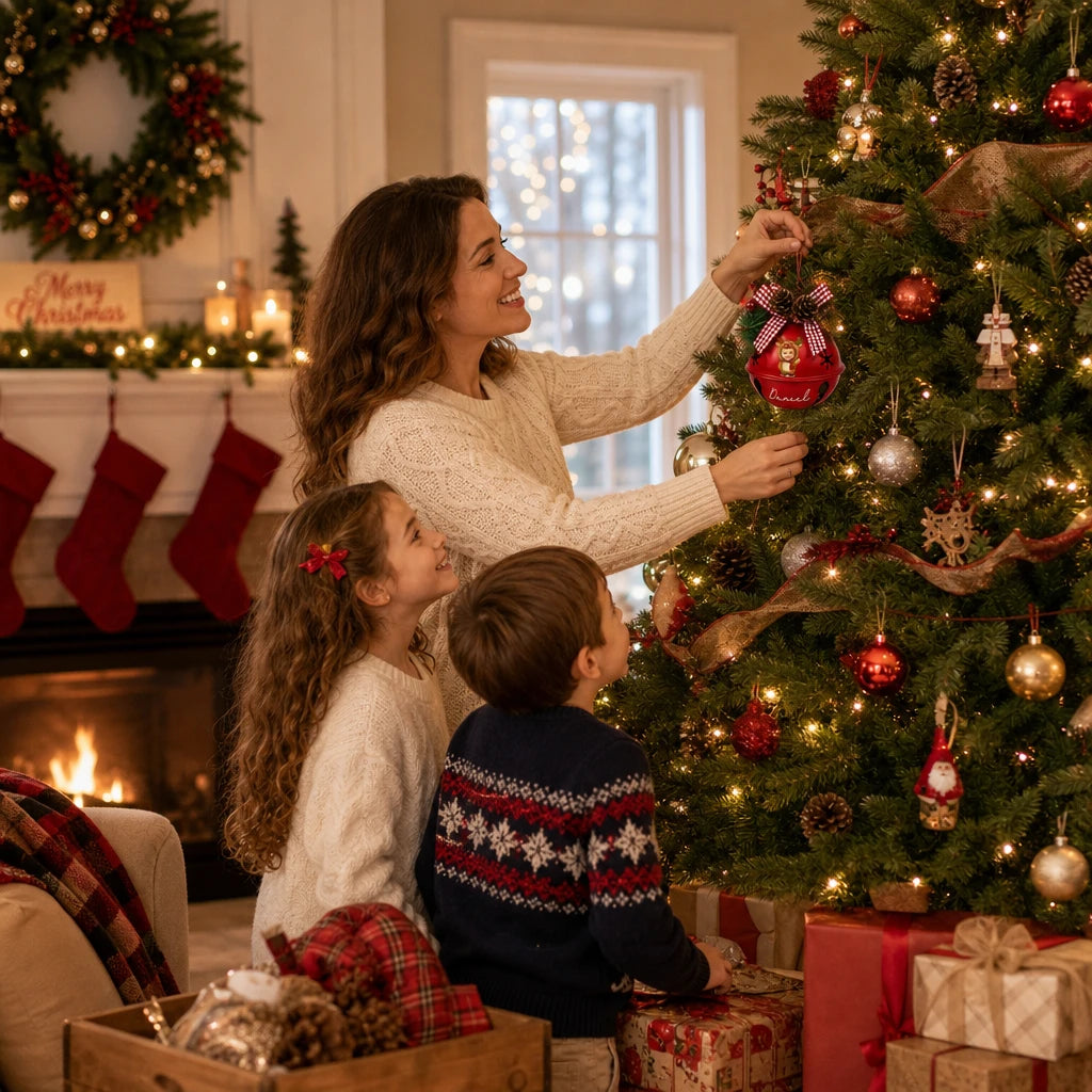 Mom and kids hanging a personalized jingle bell ornament on the Christmas tree