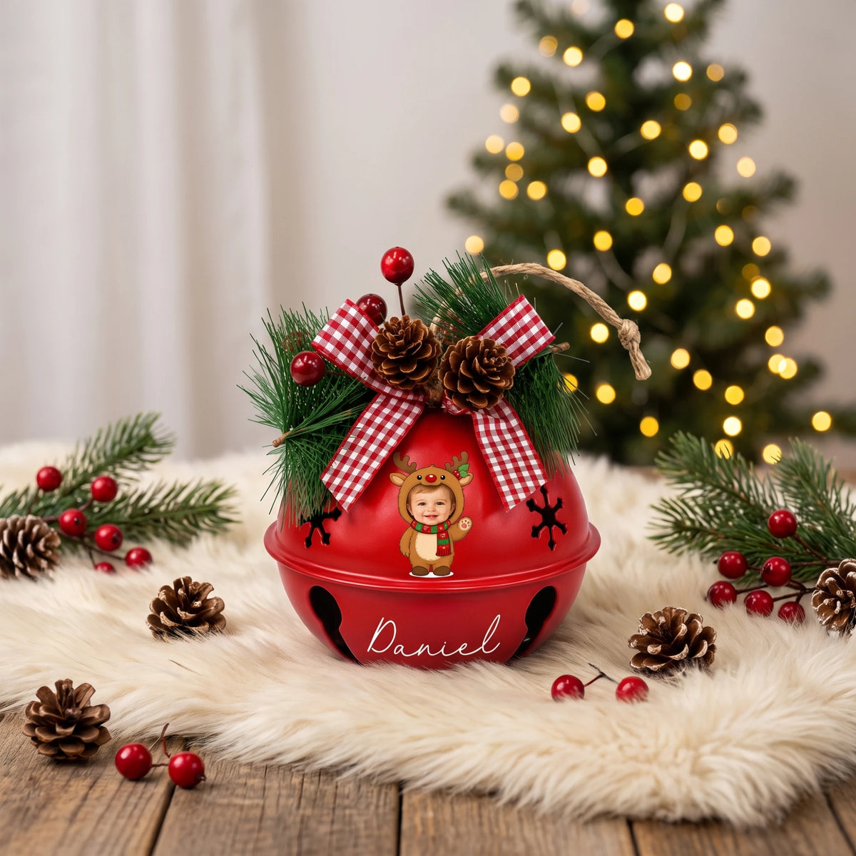 Personalized baby reindeer photo jingle bell ornament on a festive table