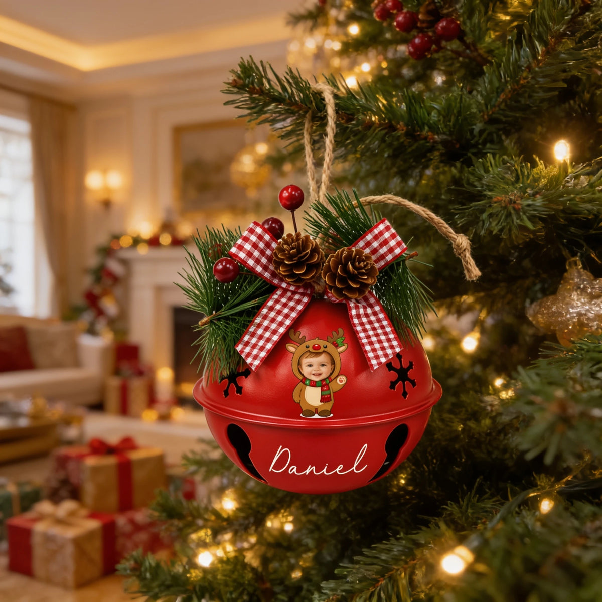 Custom kid photo reindeer jingle bell ornament hanging on a Christmas tree