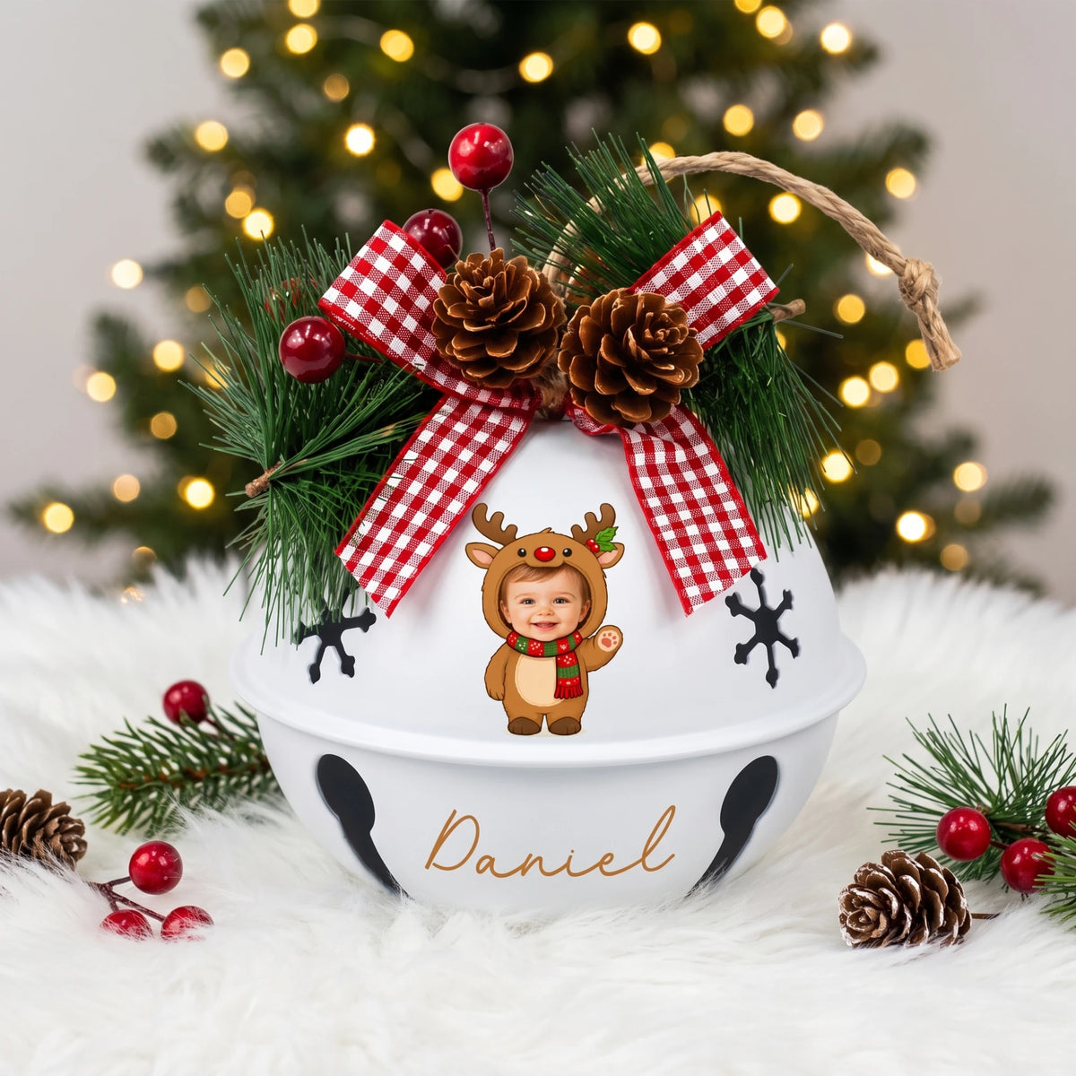 Custom photo baby reindeer jingle bell ornament with child photo and name