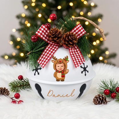 Custom photo baby reindeer jingle bell ornament with child photo and name