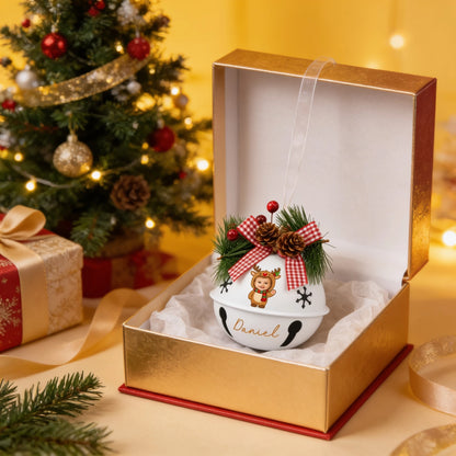 Personalized baby reindeer photo jingle bell ornament in a gift box