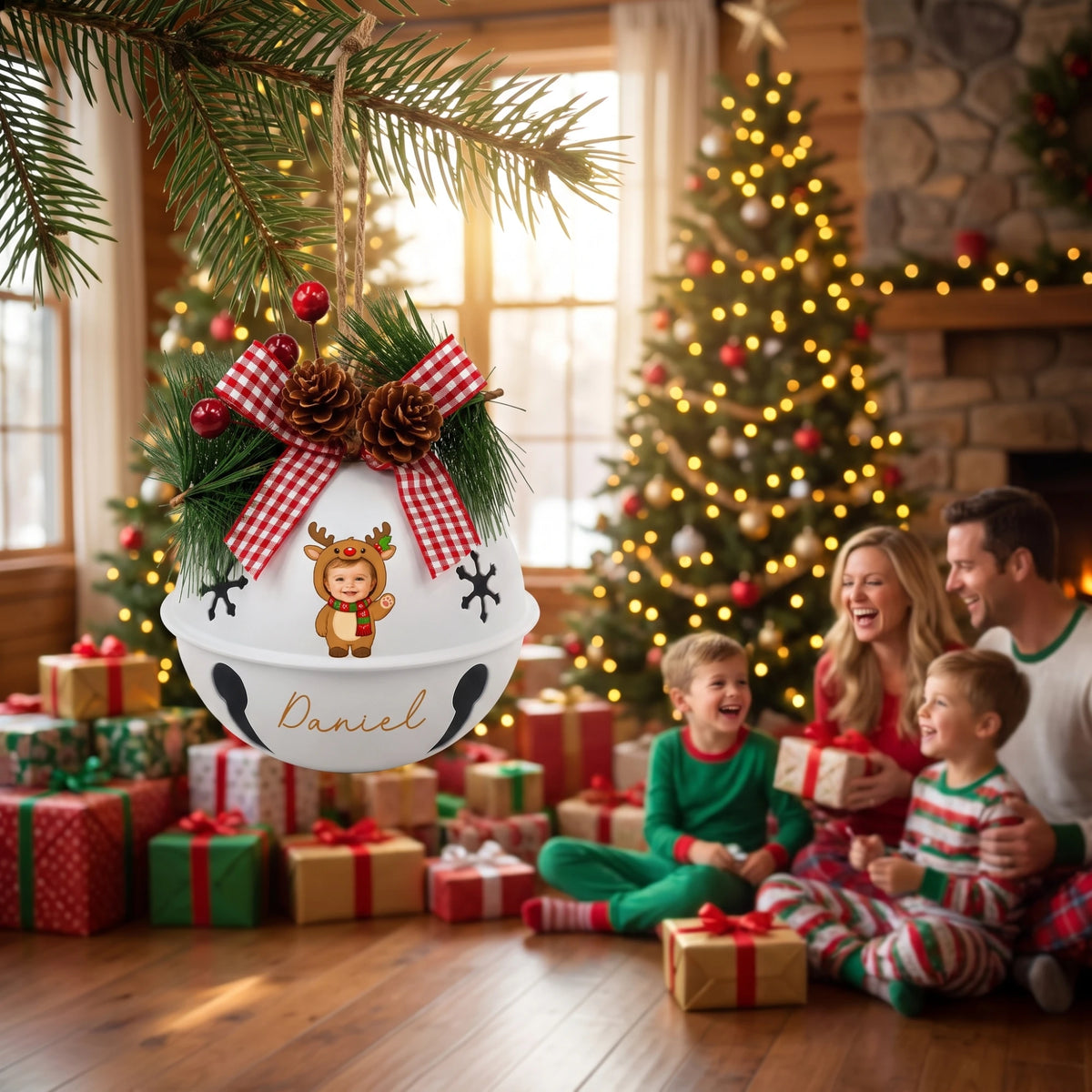 Personalized baby reindeer jingle bell ornament hanging by the tree with family opening gifts