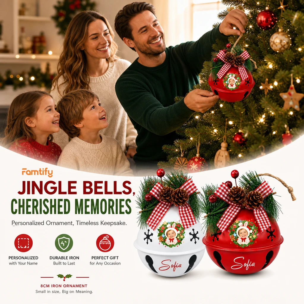 Personalized kid photo jingle bell ornament color options, durable iron, 8 cm ornament