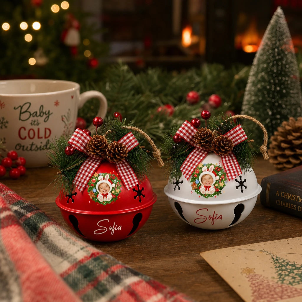 Two personalized kid photo jingle bell ornaments on a holiday table, bell color options