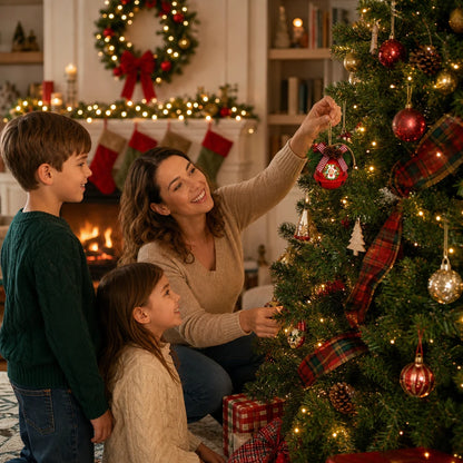 Mom and kids hanging a personalized jingle bell ornament on the Christmas tree