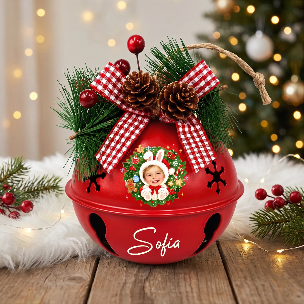 Personalized bunny wreath kid photo jingle bell ornament on a festive table