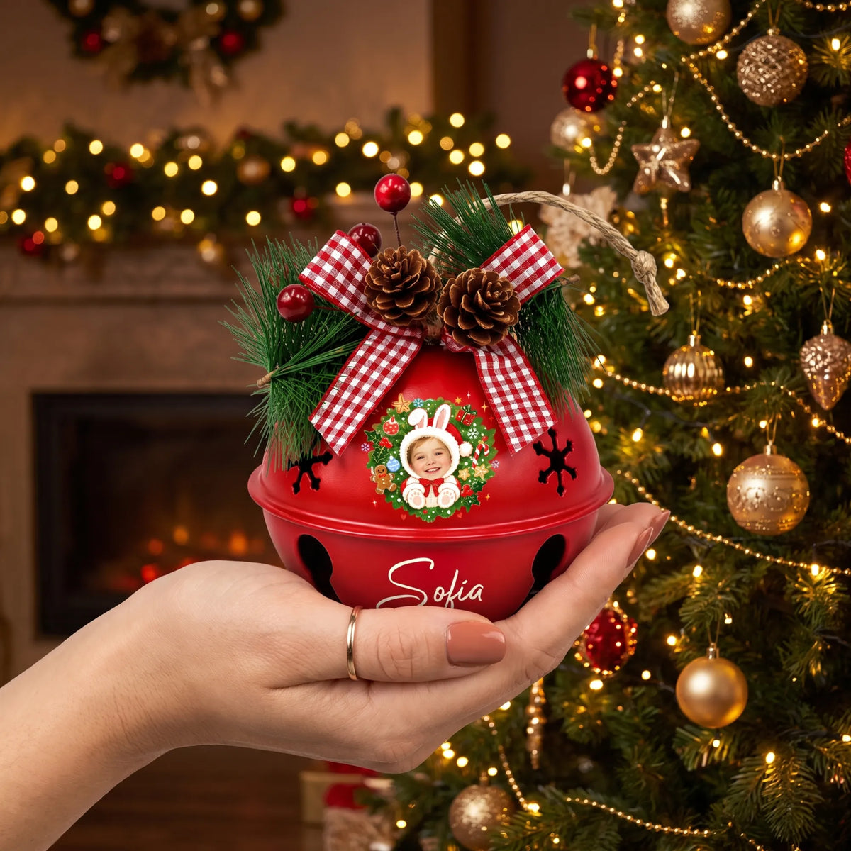 Hand holding a custom bunny wreath kid photo jingle bell ornament