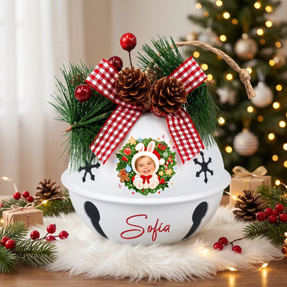 Custom photo bunny wreath kid jingle bell ornament with child photo and name