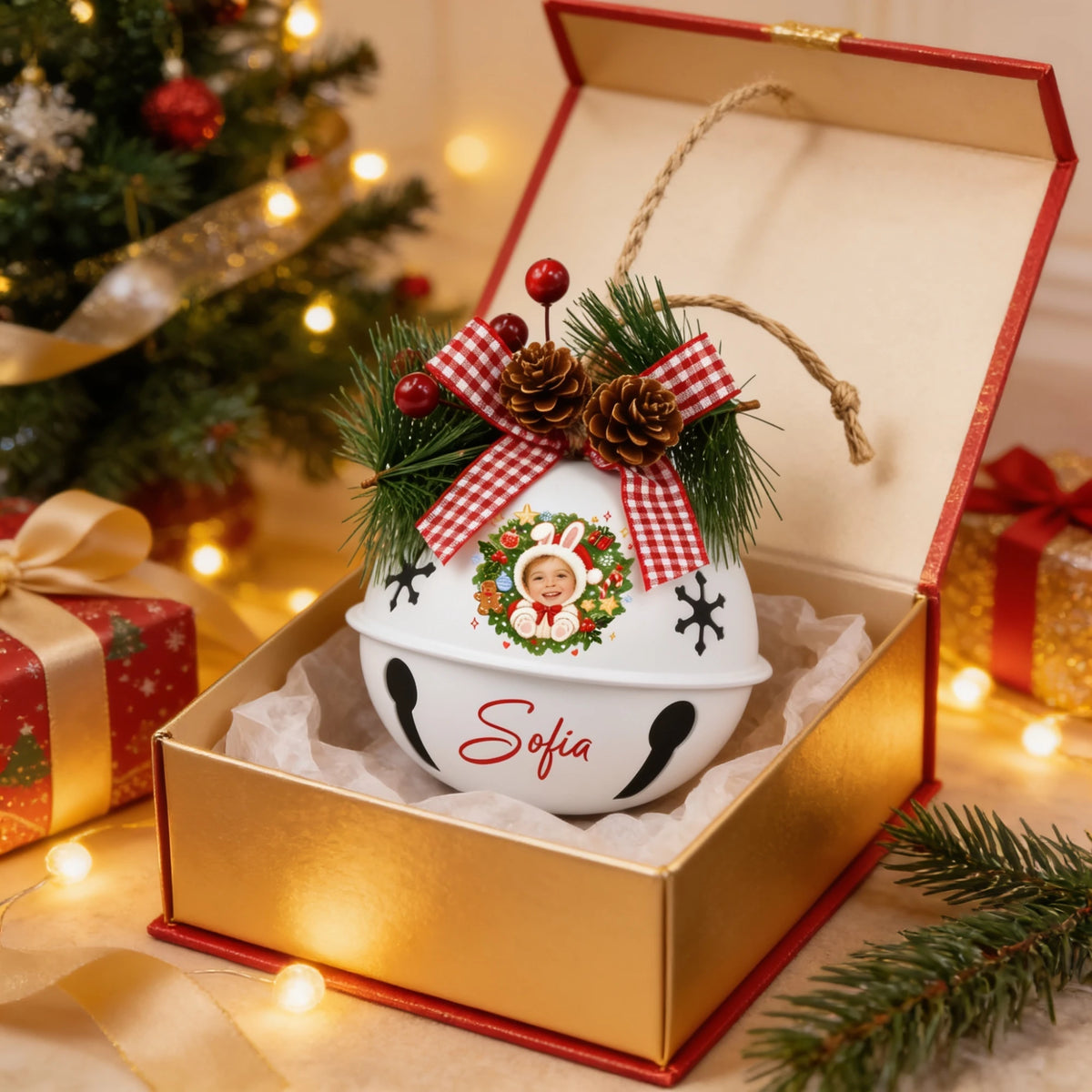 Personalized bunny wreath kid photo jingle bell ornament in a gift box