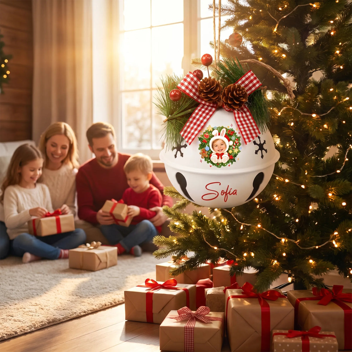 Personalized bunny wreath jingle bell ornament hanging with family opening gifts