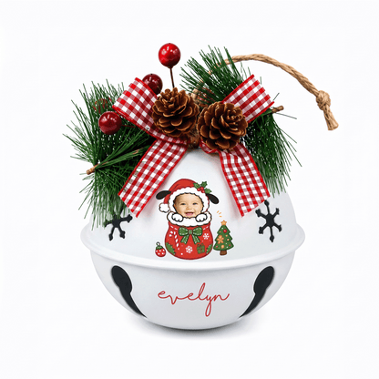 Custom photo puppy Santa gift sack baby jingle bell ornament with child photo and name