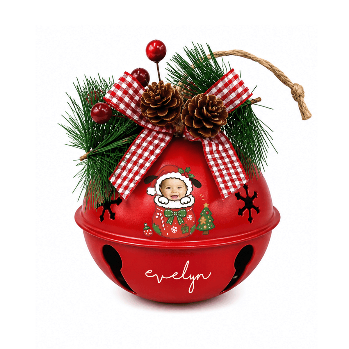 Personalized puppy Santa gift sack baby photo jingle bell ornament, bell color option