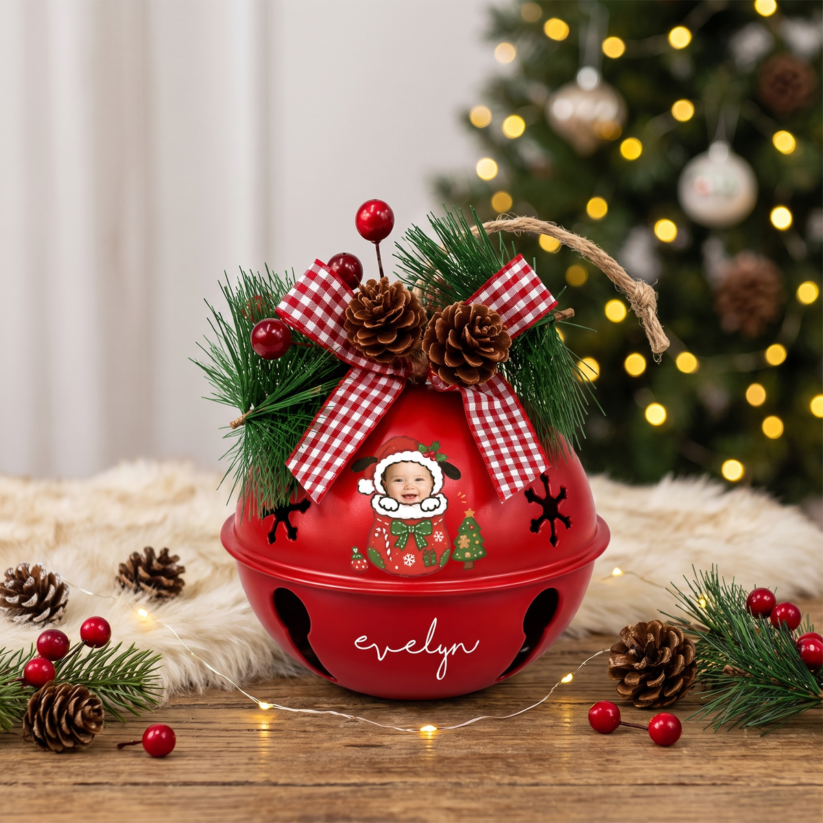 Personalized puppy Santa baby photo jingle bell ornament in a cozy Christmas setting
