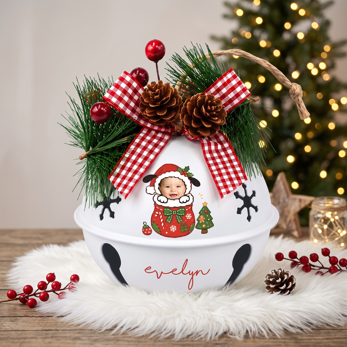 Personalized baby photo jingle bell ornament as a Christmas keepsake gift