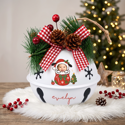 Personalized baby photo jingle bell ornament as a Christmas keepsake gift