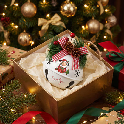 Custom photo puppy Santa baby jingle bell ornament for the Christmas tree