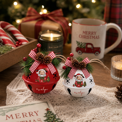 Personalized baby photo jingle bell ornaments, bell color options