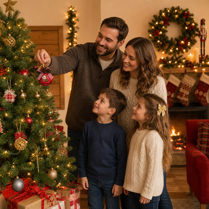 Family decorating the Christmas tree with personalized jingle bell ornaments