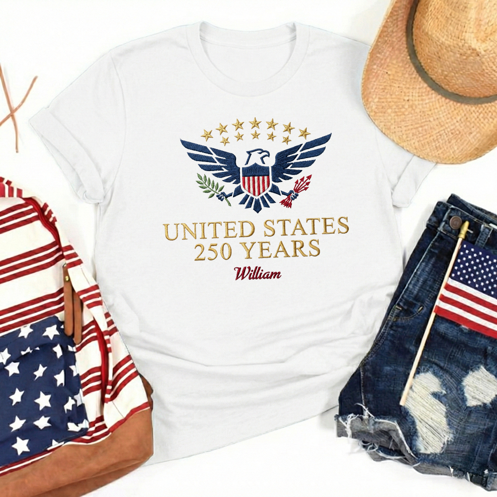 Custom Embroidered USA 250 Years T-Shirt – Semiquincentennial Patriotic Tee